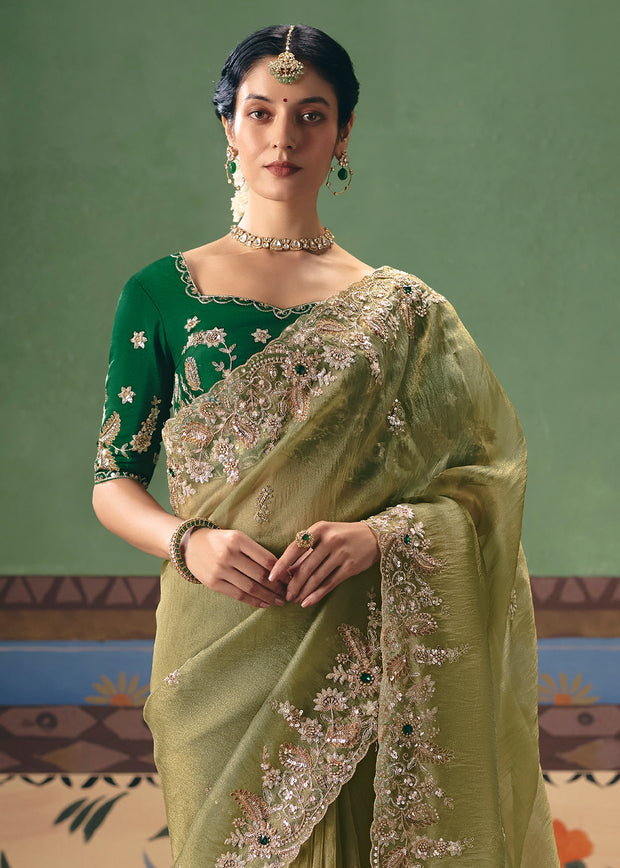 Kiwi Green Embroidered Designer Saree