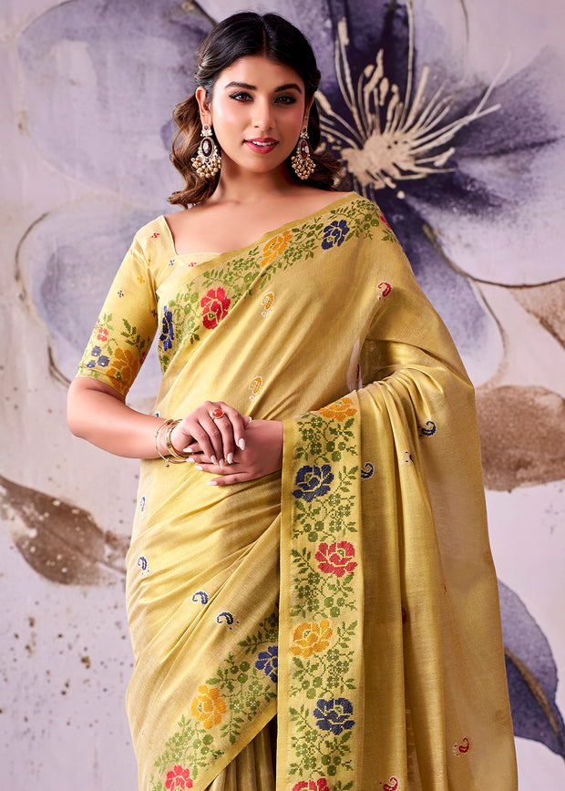 Lime Yellow Woven Tissue Silk Saree