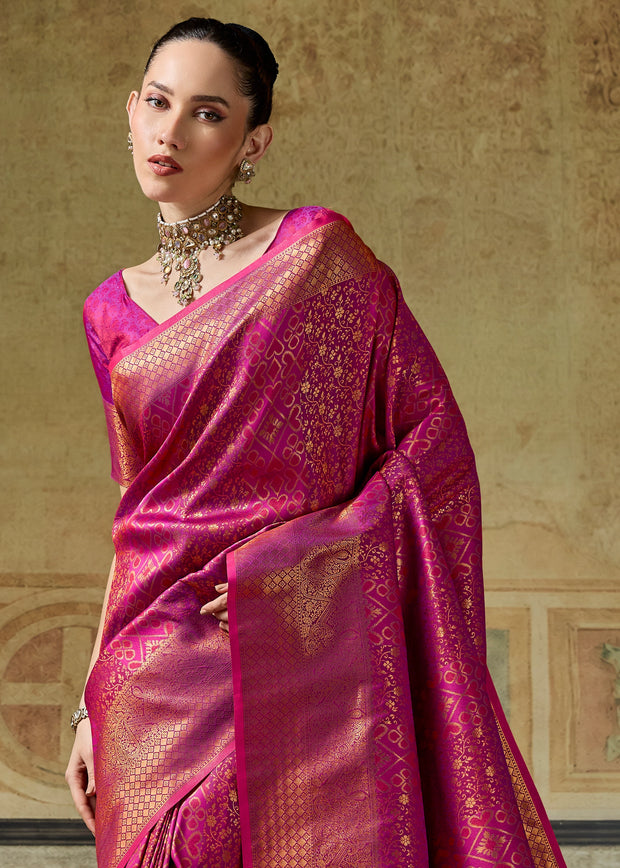 Magenta Pink Woven Banarasi Silk Saree
