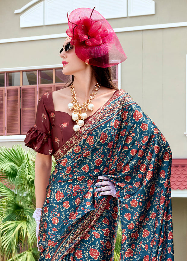 Strom Blue Satin Crepe Digital Printed Saga Saree With Contrast Blouse