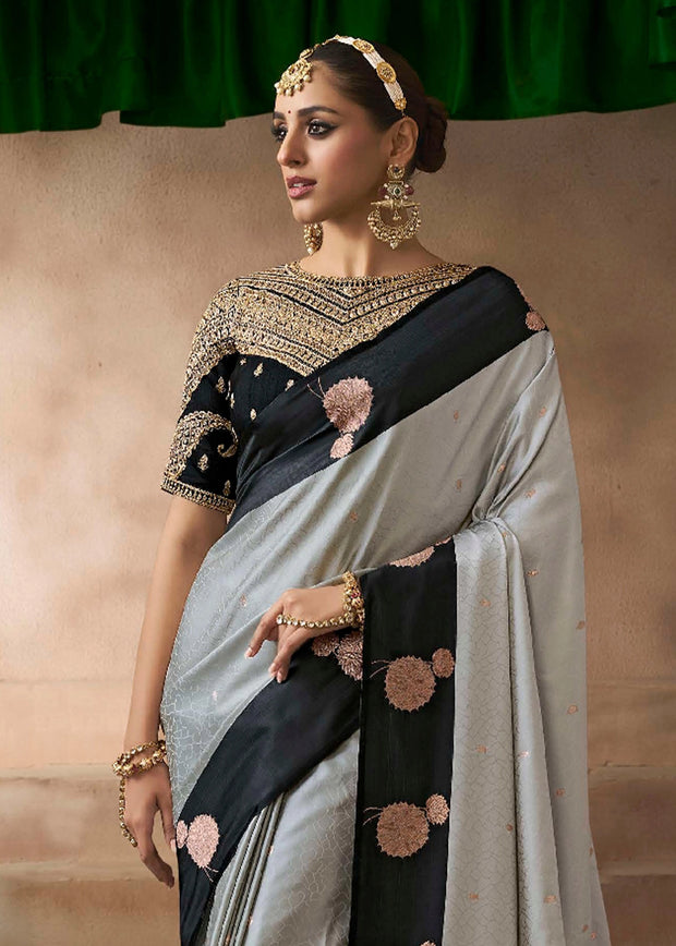 “Exclusive Offer” : Grey & Black Woven Banarasi Satin Silk Saree