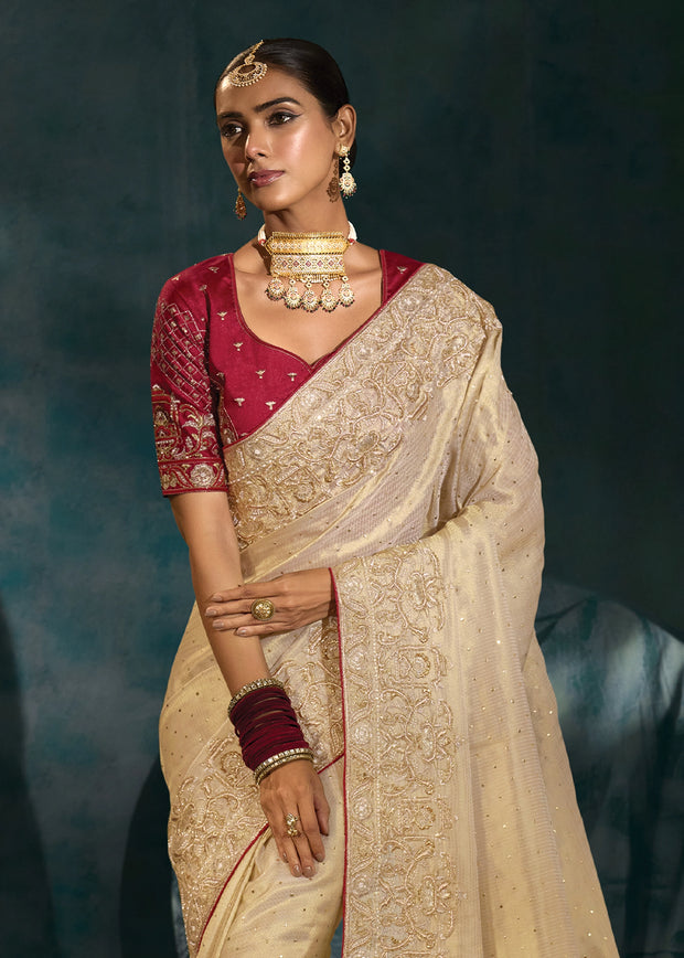 Ivory Embroidered Designer Tissue Saree