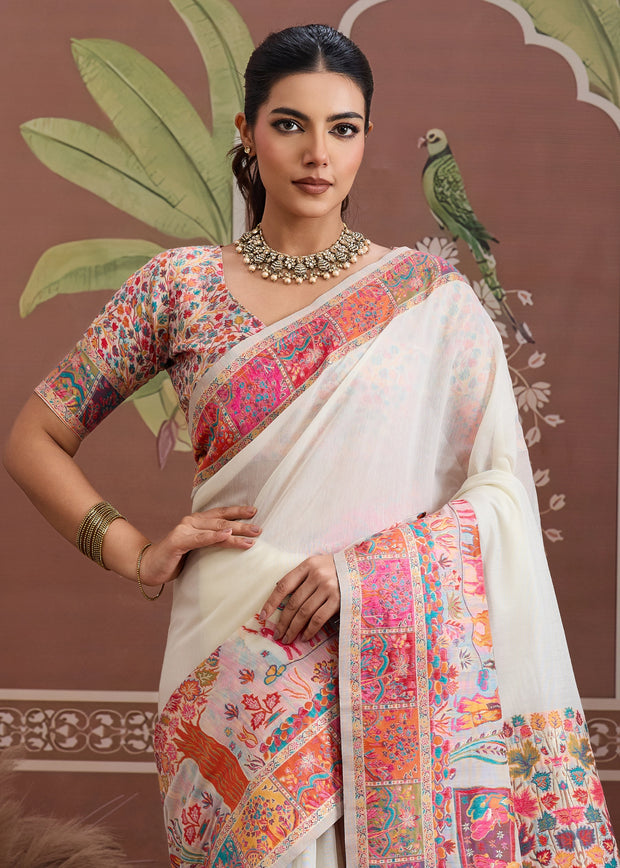 Premium White Woven Cotton Kashmiri Jamewar Saree