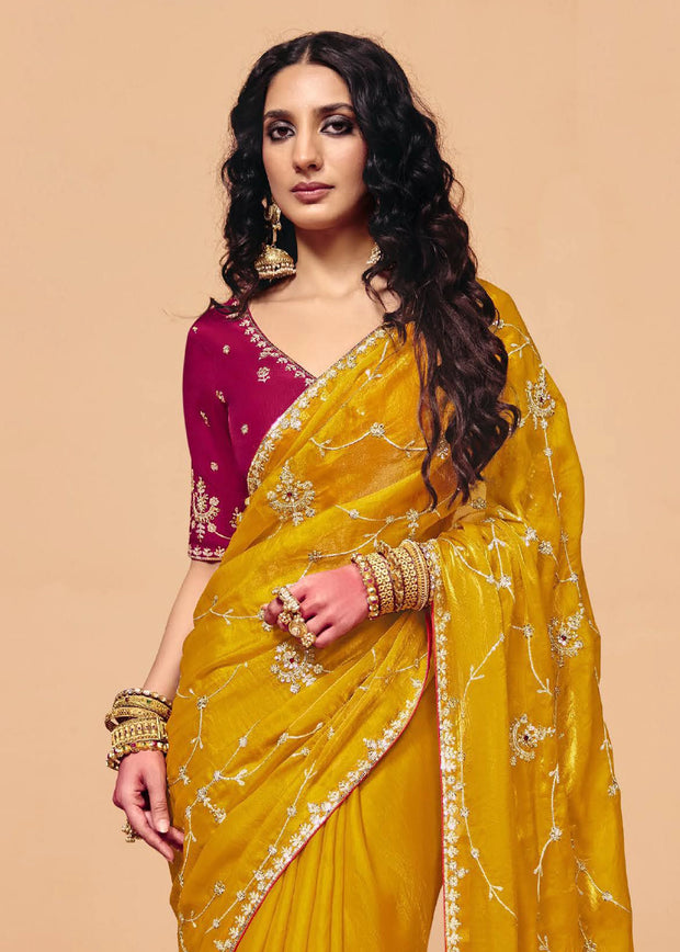 Mimosa Yellow Embroidered Designer Tissue Saree