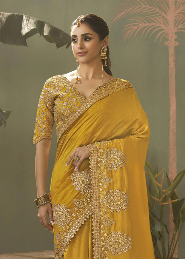 “Exclusive Offer” : Golden Yellow Woven Embroidered Silk Saree