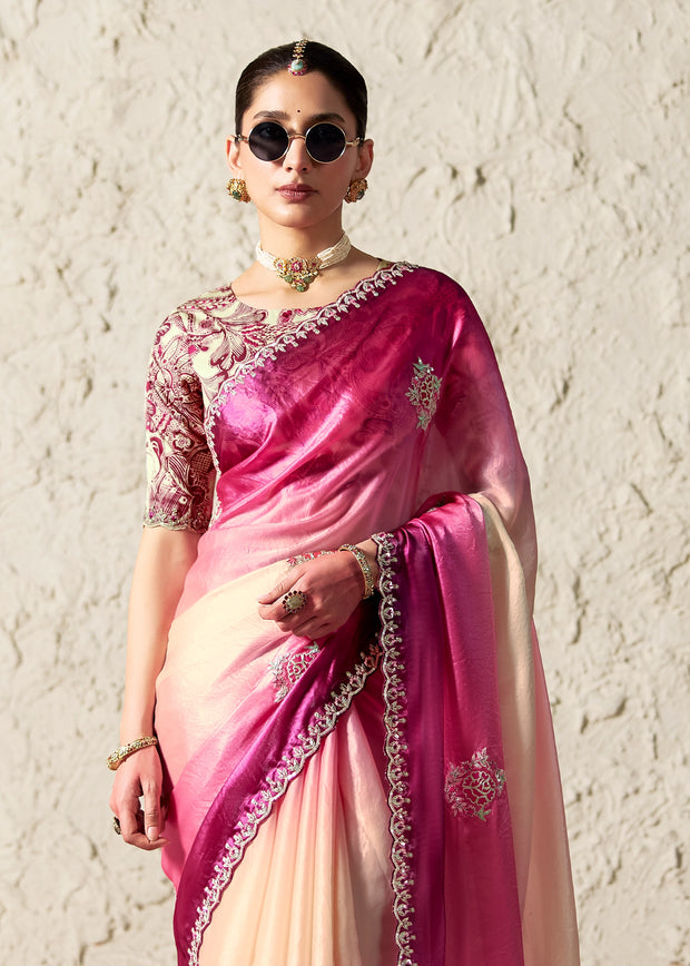 Off White & Pink Designer Organza Tissue Silk Saree With Printed Blouse