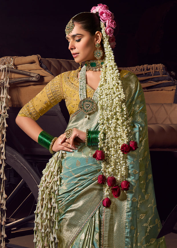 “Exclusive Offer” : Angel Blue Woven Banarasi Satin Silk Saree