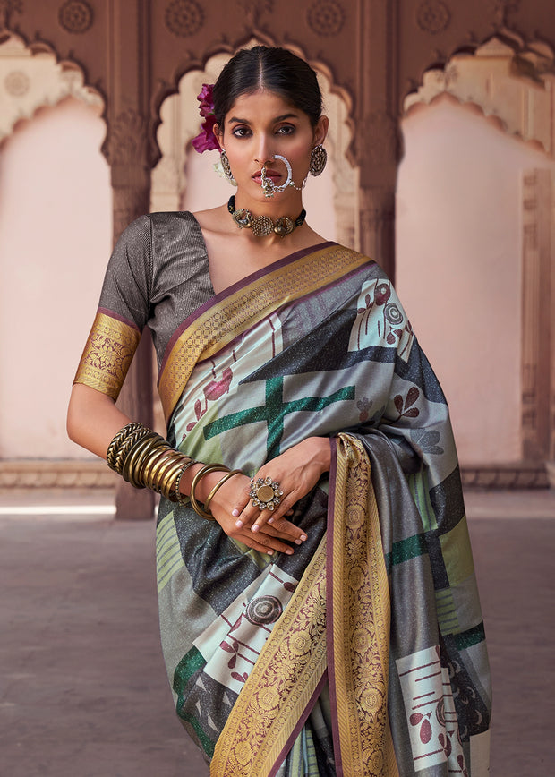 Frost Grey Banarasi Digital Printed Silk Saree