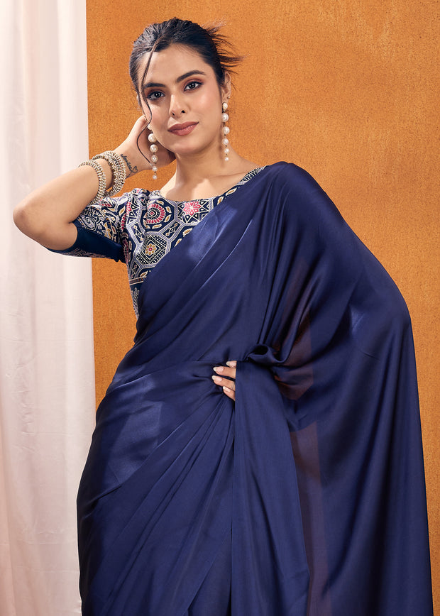 Mazarine Blue Satin Silk Saree with Ajrakh Printed Pallu and Blouse