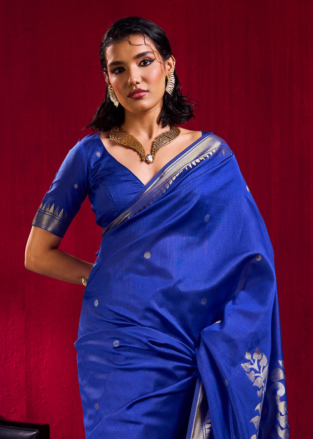 Indigo Blue Banarasi Satin Linen Silk Saree