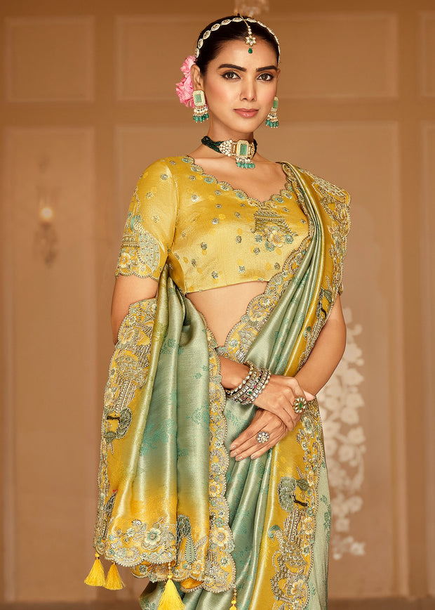 Green & Yellow Designer Embroidered Silk Saree