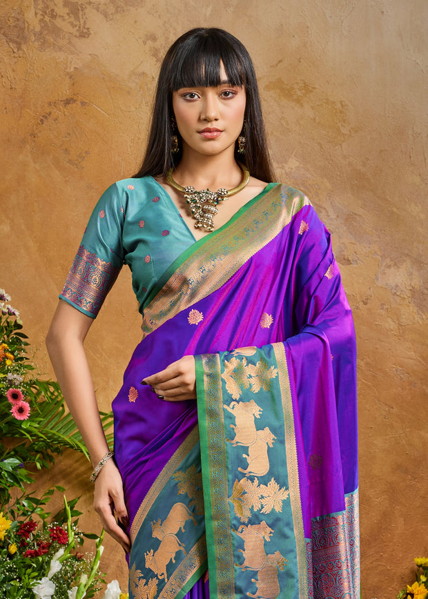 Bright Purple Woven Banarasi Silk Saree