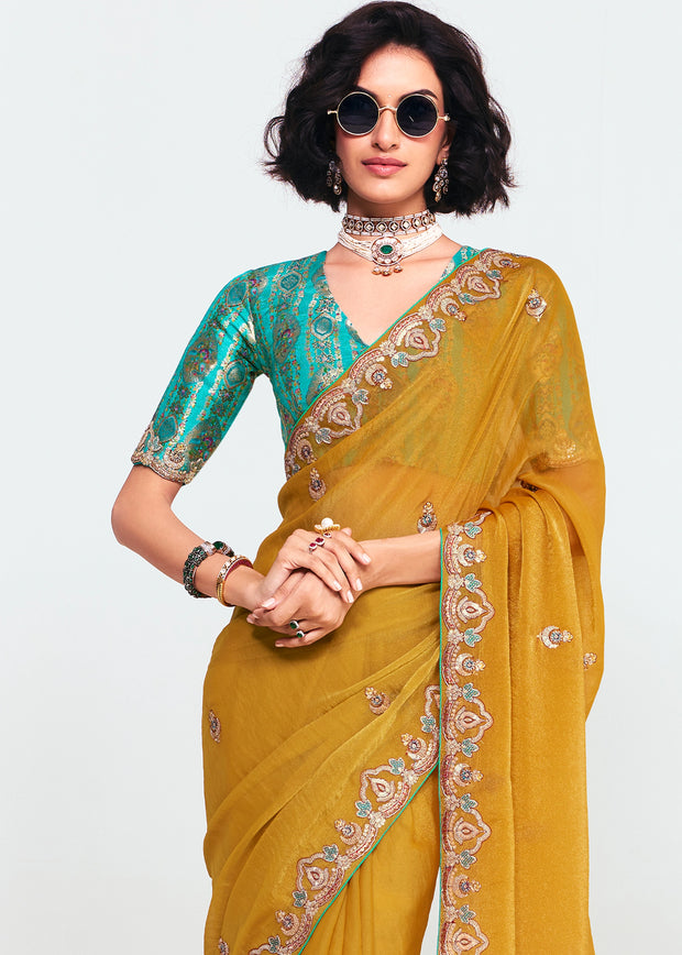 Mimosa Yellow Designer Embroidered Tissue Saree