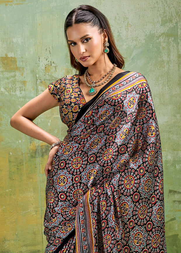 Black Printed Satin Silk Saree