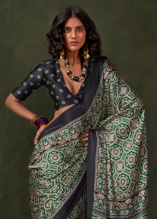 Medium Green Printed Satin Crepe Silk Saree