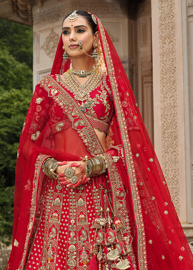 Scarlet Red Heavy Embroidered Designer Lehenga