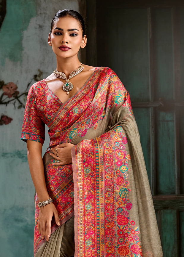 Grey Woven Cotton Kashmiri Jamewar Saree