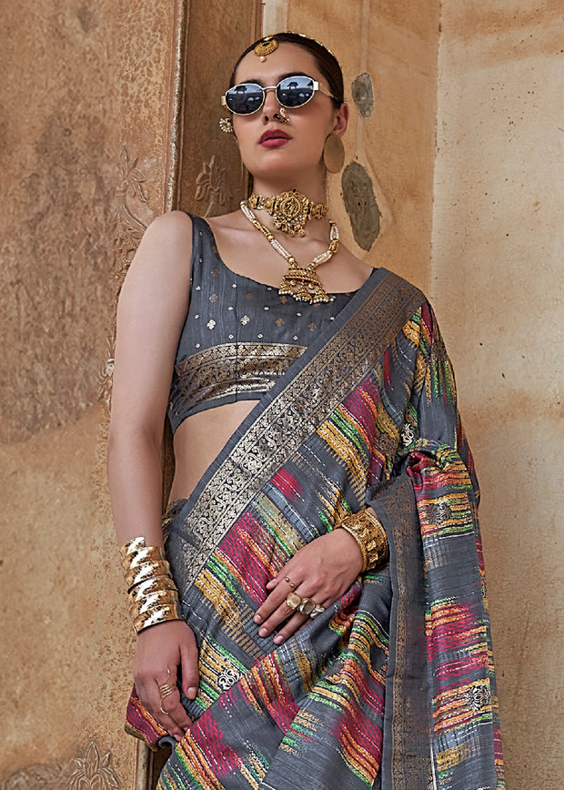 Frost Grey Printed Soft Silk Saree
