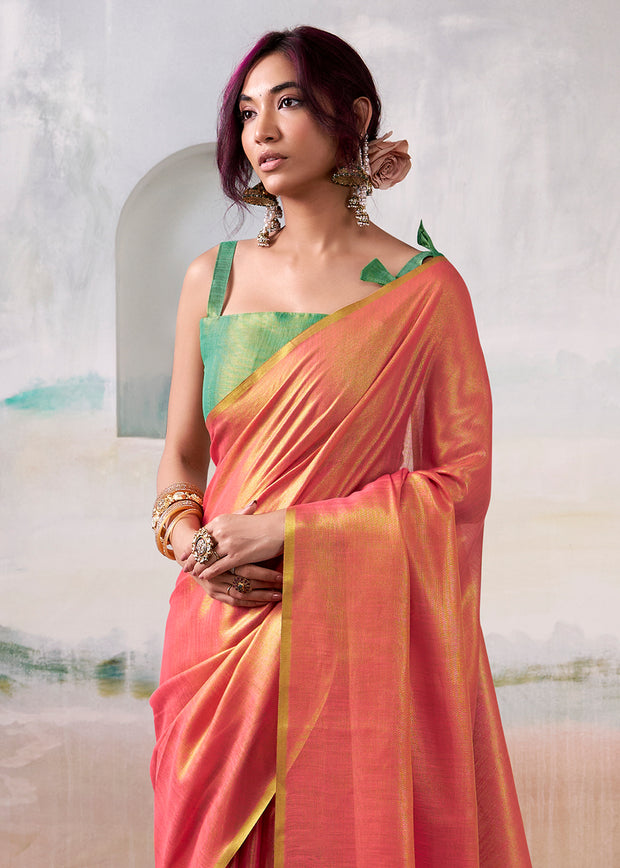 Sunset Orange Woven Tissue Silk Saree