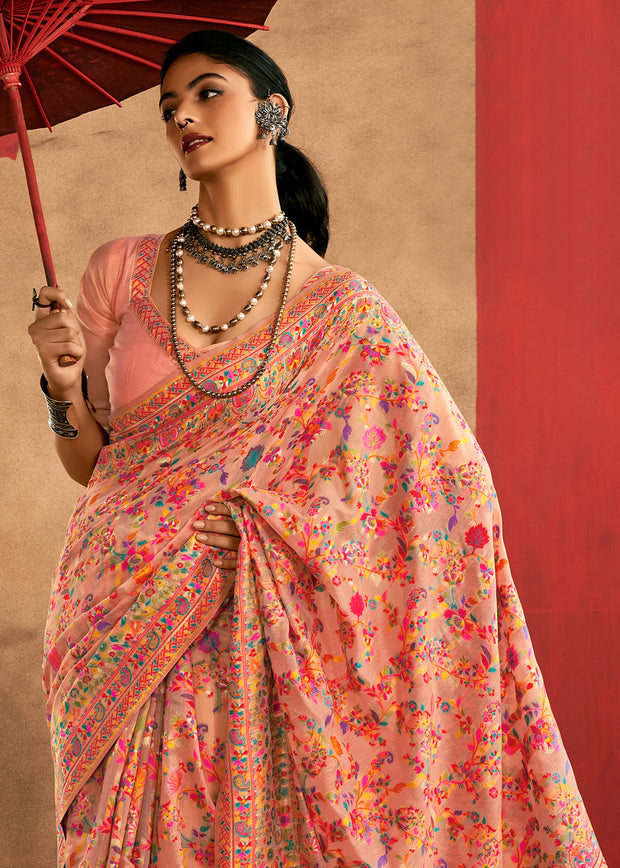 Blush Peach Woven Kashmiri Jamewar Silk Saree