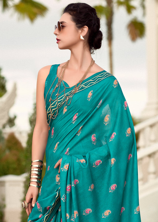 Teal Green Printed Cotton Silk Saree