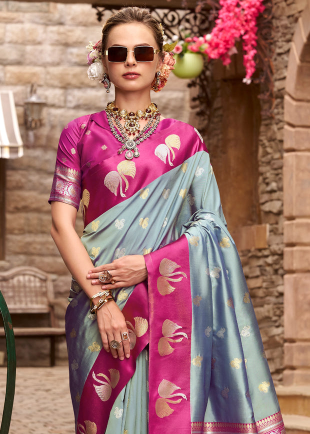 Silver Grey Banarasi Satin Silk Saree