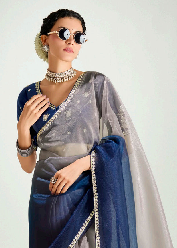 Midnight Blue Ombre Designer Tissue Saree With Embroidered Blouse