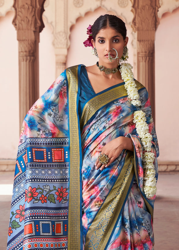 Victoria Blue Banarasi Digital Printed Silk Saree