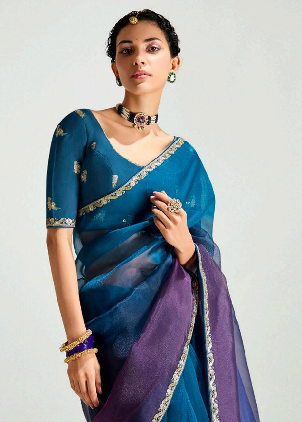 Coral Blue Ombre Designer Tissue Saree With Embroidered Blouse
