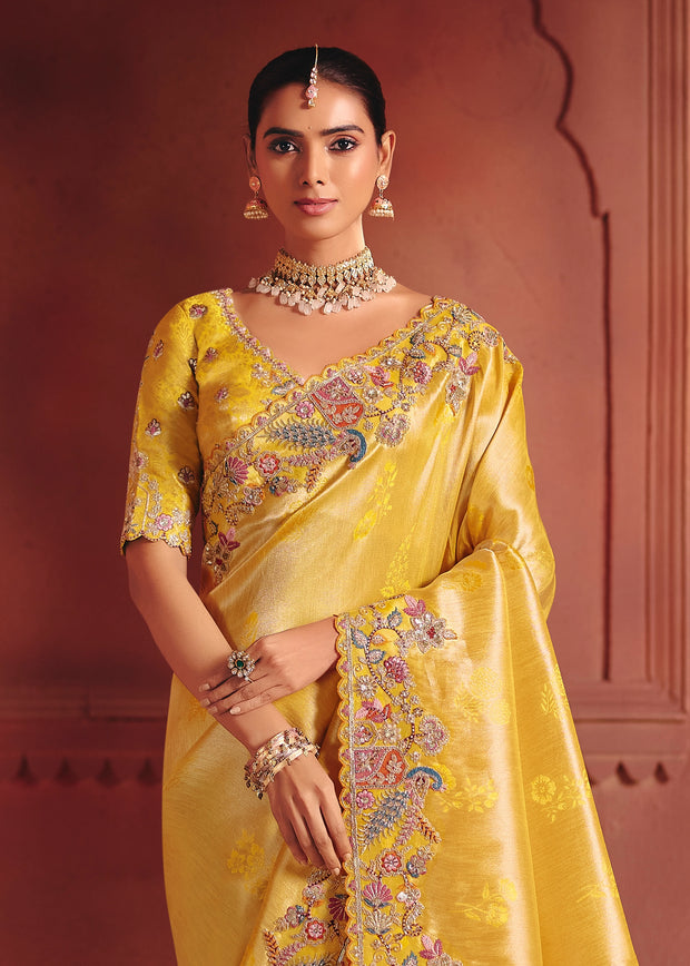 Vibrant Yellow Designer Embroidered Saree