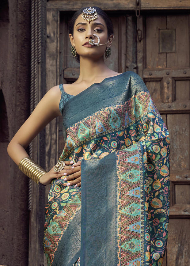 Coral Blue Floral Printed Soft Silk Saree