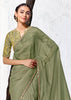 Olive Green Designer Organza Silk Saree With Printed Blouse