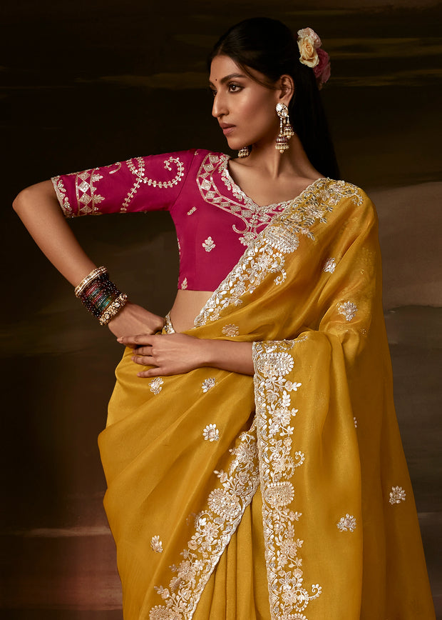 Haldi Yellow Embroidered Designer Organza Saree