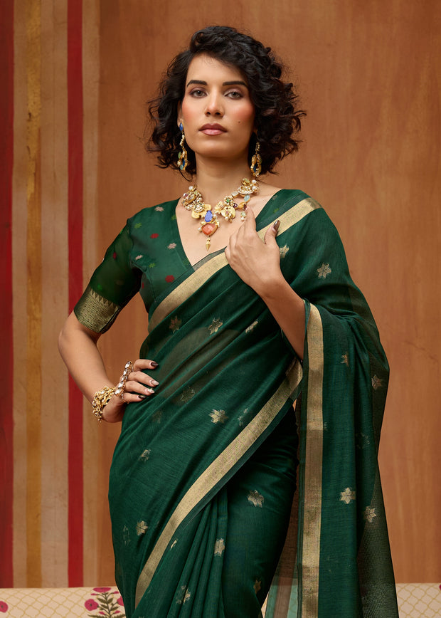 Forest Green Woven Cotton Organza Saree