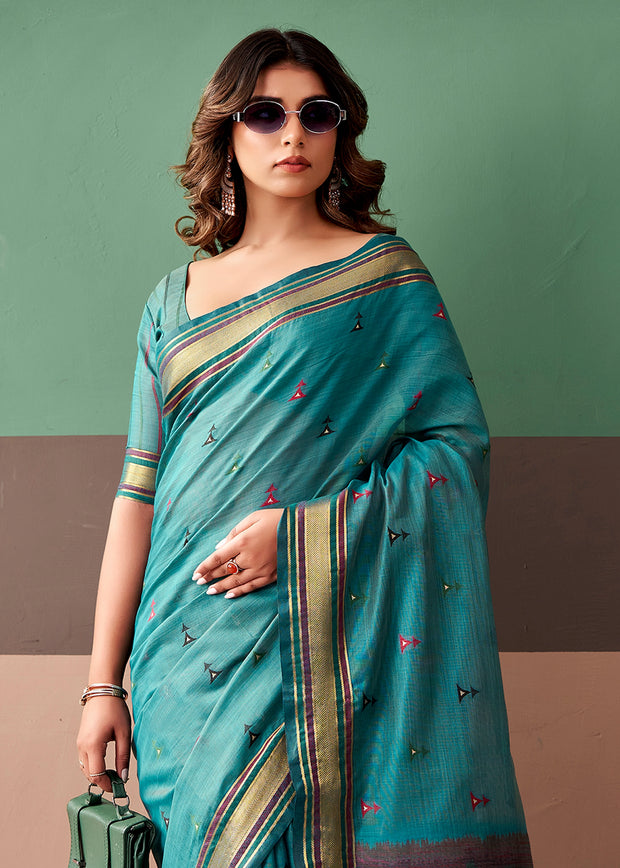 Teal Blue Woven Cotton Silk Saree