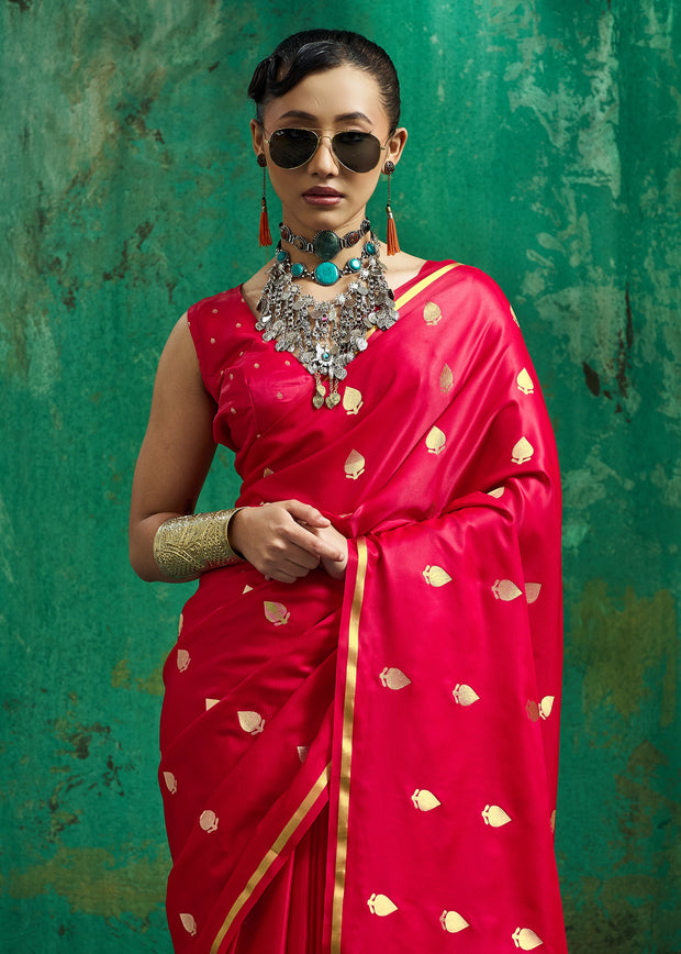 Bright Red Woven Banarasi Satin Silk Saree