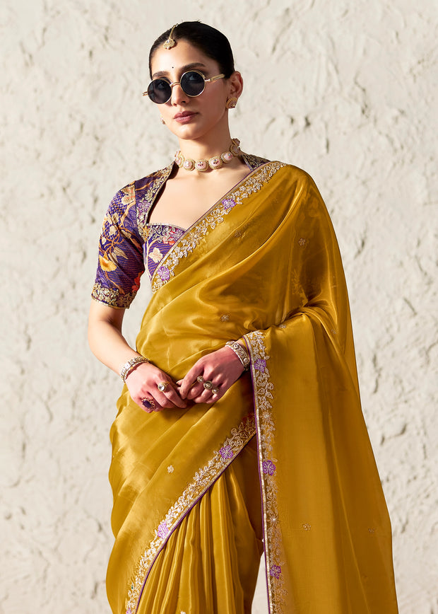 Rich Gold Designer Organza Tissue Silk Saree With Printed Blouse