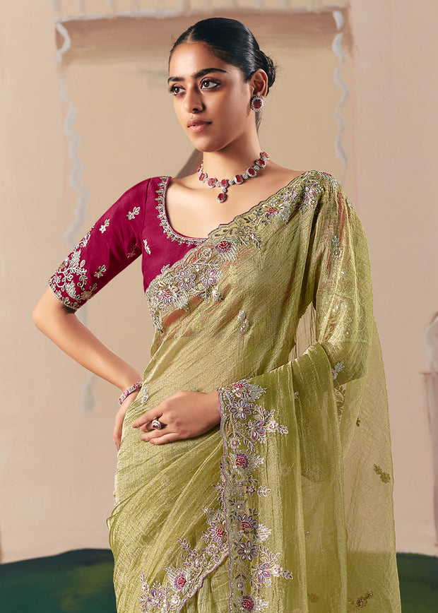 Pista Green Embroidered Designer Saree