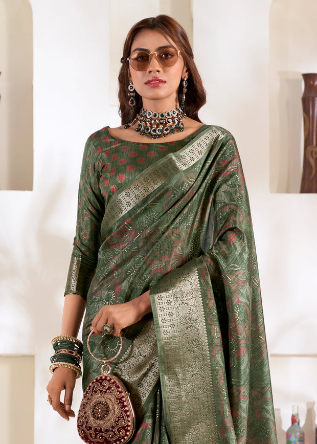 Saga Green Banarasi Printed Soft Silk Saree