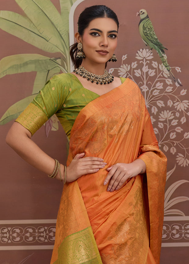 Autumn Orange Woven Tussar Silk Saree