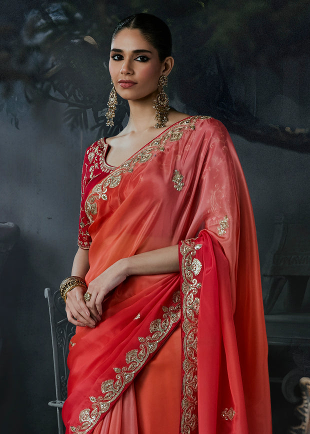 Rose Red Embroidered Designer Saree
