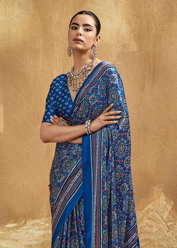Parisian Blue Printed Satin Silk Saree