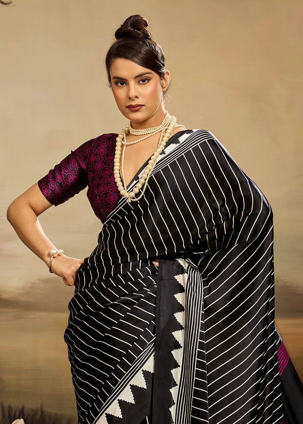 Black Printed Satin Silk Saree