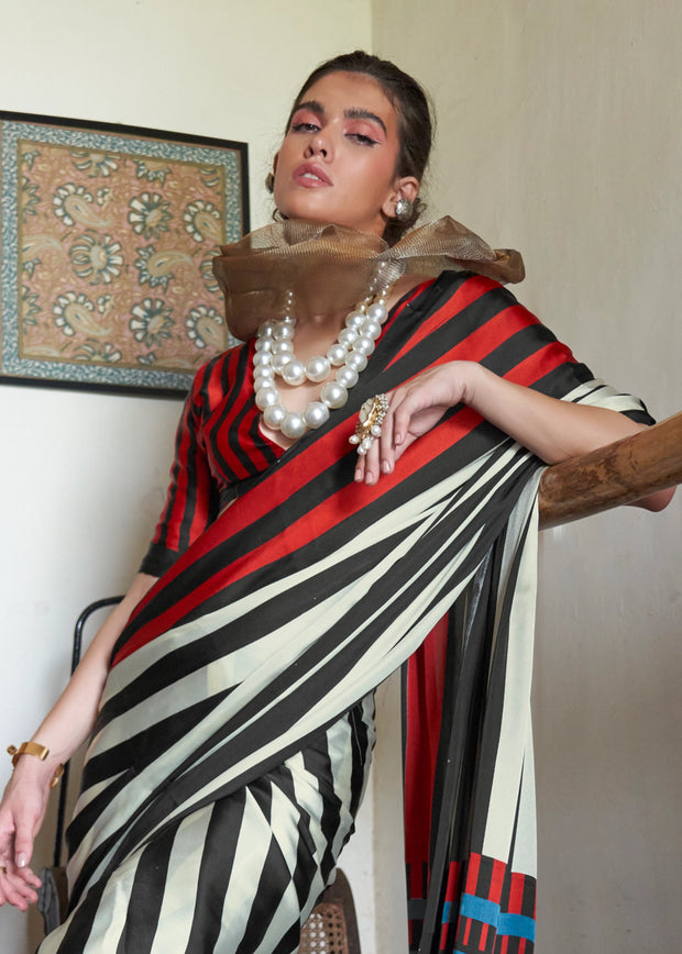 Black White Bold Stripe Printed Satin Crepe Saree
