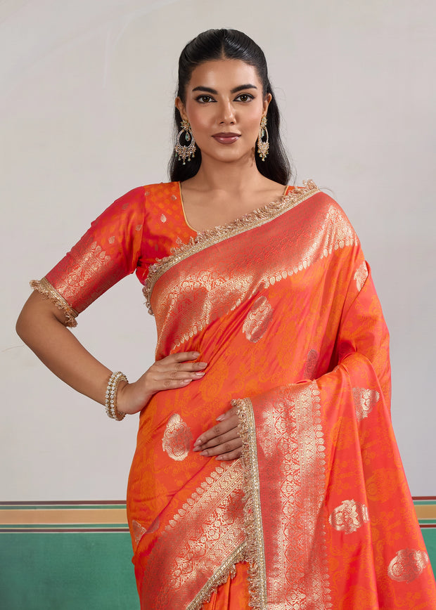 Peel Orange Woven Banarasi Satin Silk Saree