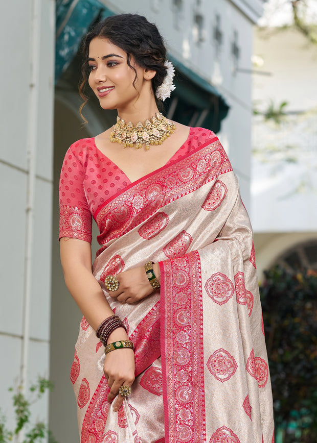 Raspberry Pink Woven Banarasi Silk Saree