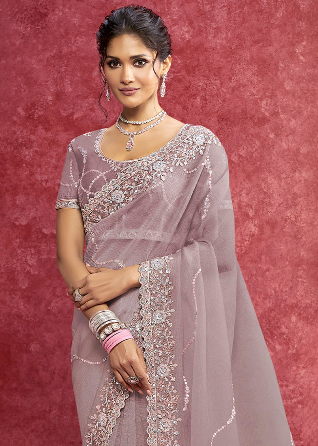 Dusty Mauve Embroidered Designer Saree