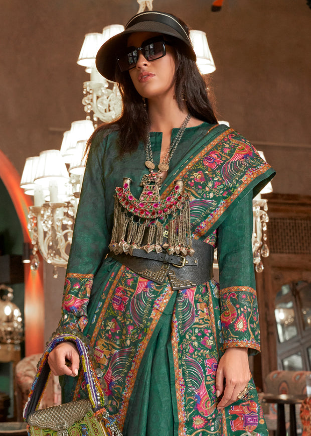 Forest Green Madhubani Printed Saree
