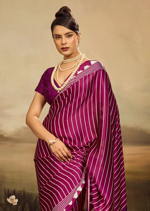 Dahlia Purple Printed Satin Silk Saree