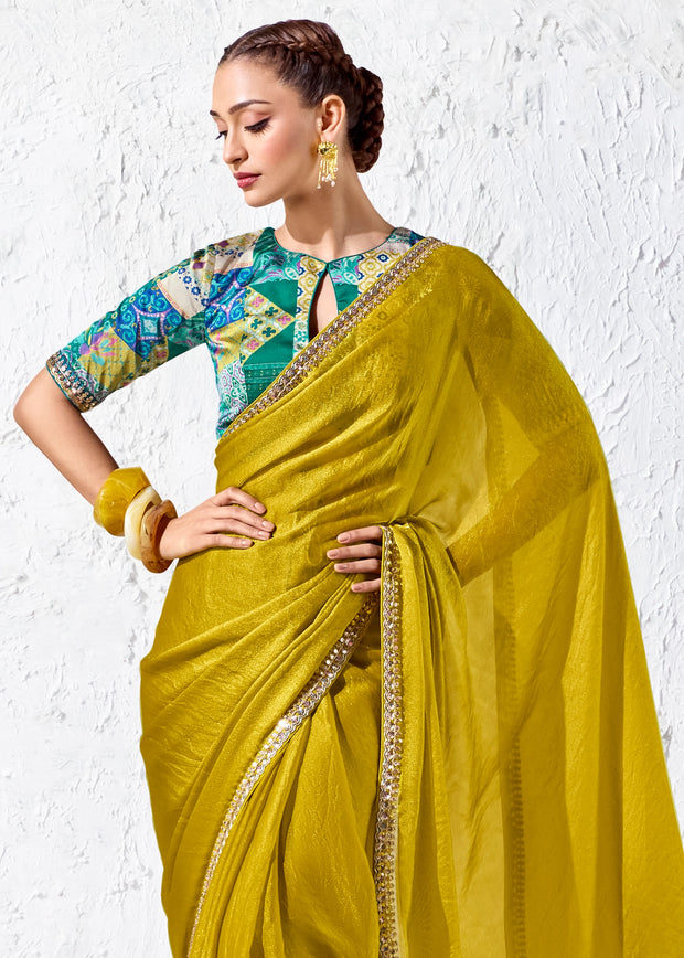 Mustard Yellow Designer Organza Silk Saree With Printed Blouse